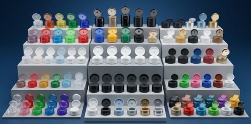 A wide variety of colorful plastic flip top caps manufactured by Alpha Plastic BD displayed on tiered stands.