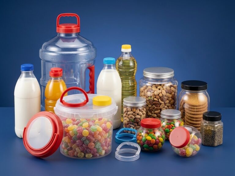 A diverse assortment of food-grade clear plastic containers, including large multi-handle jerrycans, water bottles, milk jugs, and spice jars with various colorful caps and ergonomic closures, showcasing the packaging manufacturing capabilities of Alpha Plastic BD in Bangladesh.