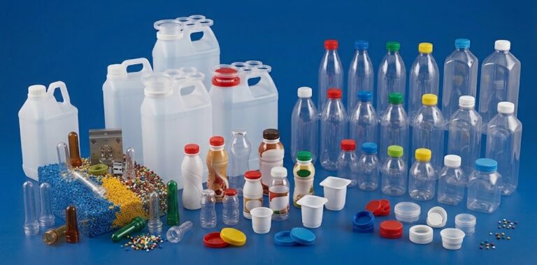 Comprehensive display of PET plastic dairy bottles, flavored milk containers, yogurt cups, handled milk jugs, and colorful screw caps manufactured by Alpha Plastic BD in Bangladesh.