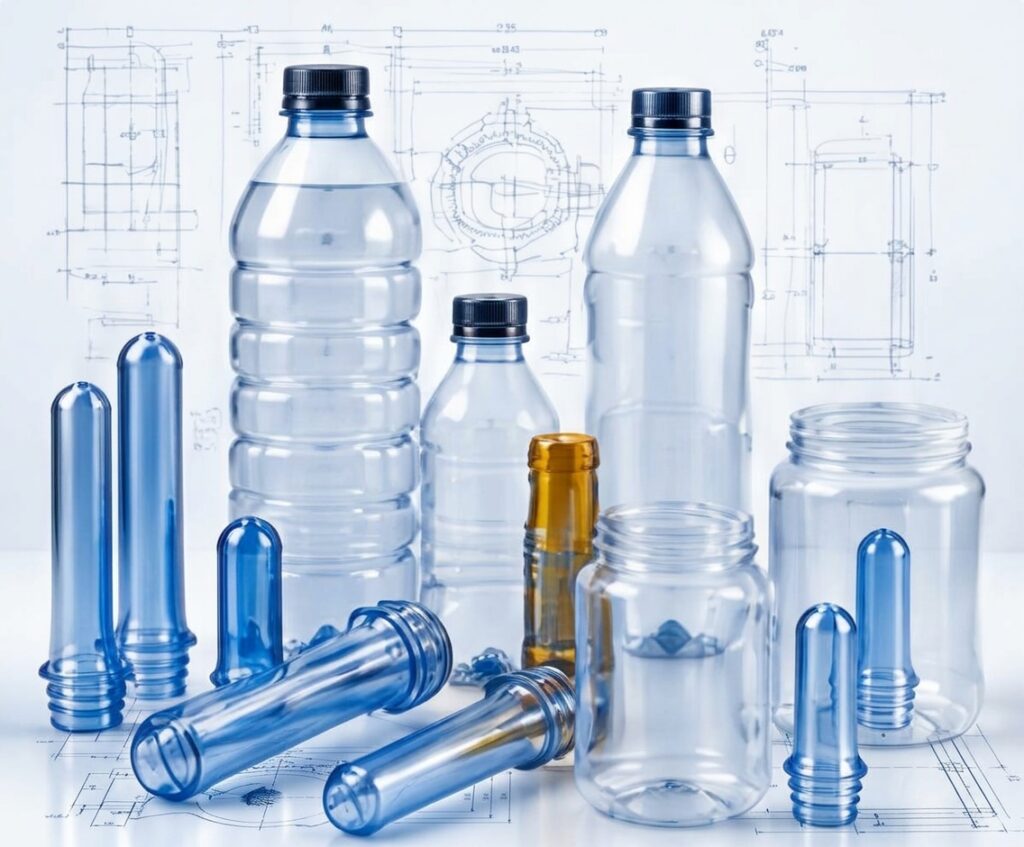 Assortment of clear PET bottles, jars, blue and amber preforms displayed in front of technical mold design blueprints for OEM custom plastic packaging