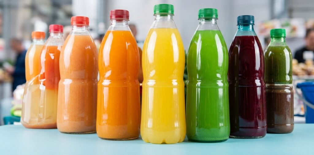 Assorted PET bottles filled with colorful juices and soft drinks illustrating plastic beverage packaging solutions.