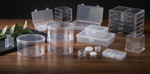 "A comprehensive selection of clear plastic storage boxes, containers, compartment organizers, and stacked round storage units for home organization by Alpha Plastic BD