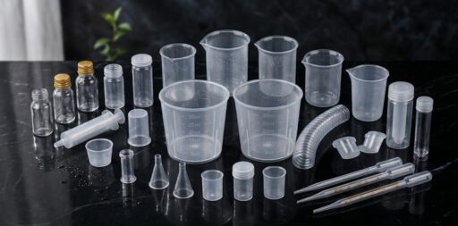 Assorted clear polypropylene measuring cups, dosing caps, and laboratory plastic components for pharmaceutical and liquid packaging by Alpha Plastic BD
