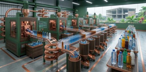 Automated PET bottle preform production line and molding machinery at Alpha Plastic BD manufacturing facility in Bangladesh.