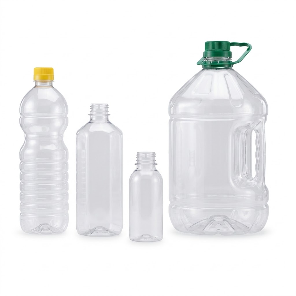 Clear PET edible oil bottles in various sizes with caps and handle by Alpha Plastic & Packaging Industries Ltd.