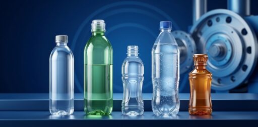 A diverse range of custom manufactured plastic beverage bottles by Alpha Plastic BD, including clear, green, and amber options for juice, water, and soft drinks, displayed in a blue-toned industrial manufacturing facility in Bangladesh.