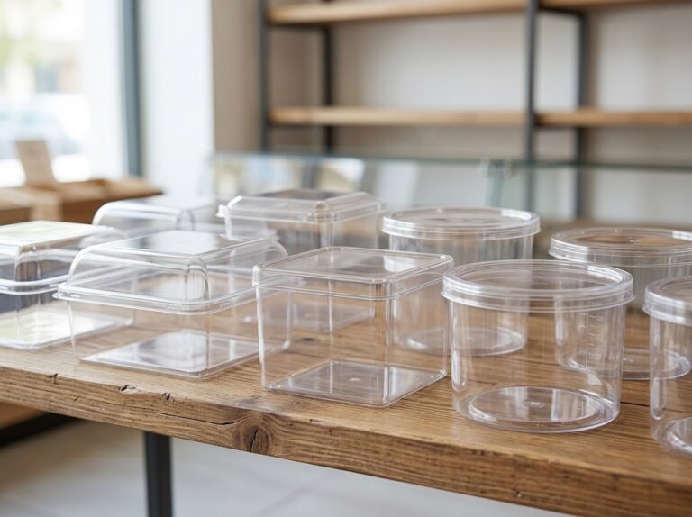 Clear, empty plastic bakery boxes and round containers designed for biscuit, cookie, and confectionery packaging by Alpha Plastic BD